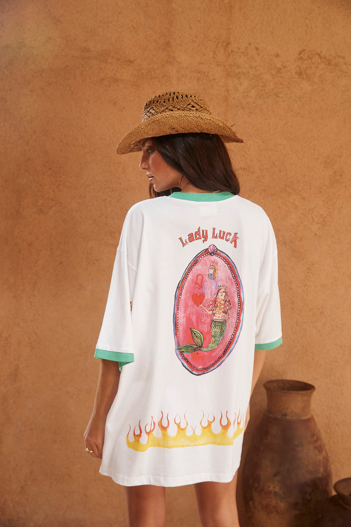 THE VERY OVERSIZED LUCKY MERMAID TEE - WHITE/GREEN TRIM