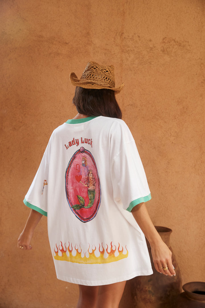 THE VERY OVERSIZED LUCKY MERMAID TEE - WHITE/GREEN TRIM