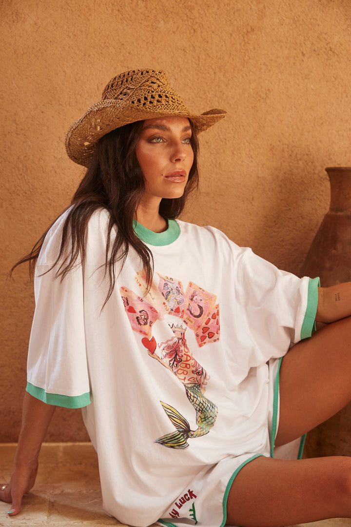 THE VERY OVERSIZED LUCKY MERMAID TEE - WHITE/GREEN TRIM