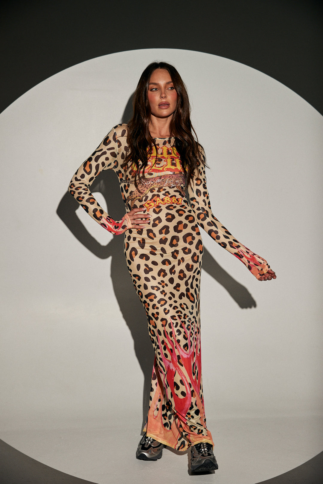 PANTERA MESH LONG SLEEVE MAXI DRESS - LEOPARD/ FLAMES