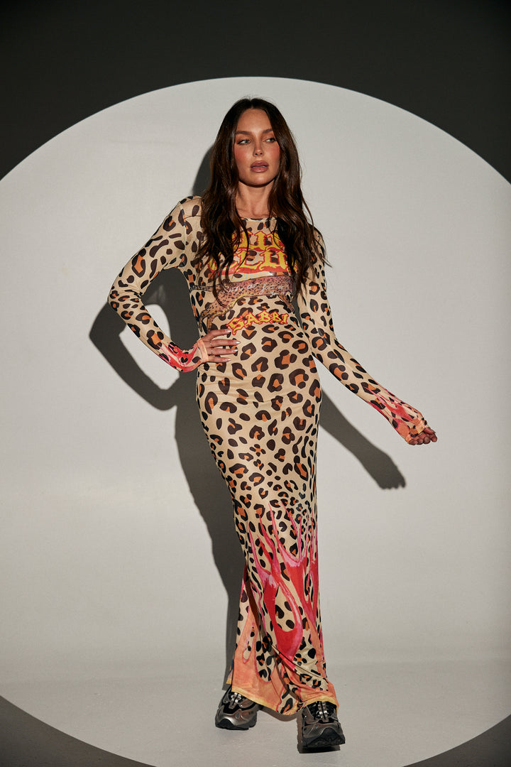 PANTERA MESH LONG SLEEVE MAXI DRESS - LEOPARD/ FLAMES