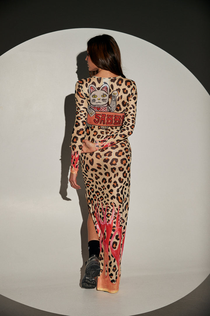 PANTERA MESH LONG SLEEVE MAXI DRESS - LEOPARD/ FLAMES