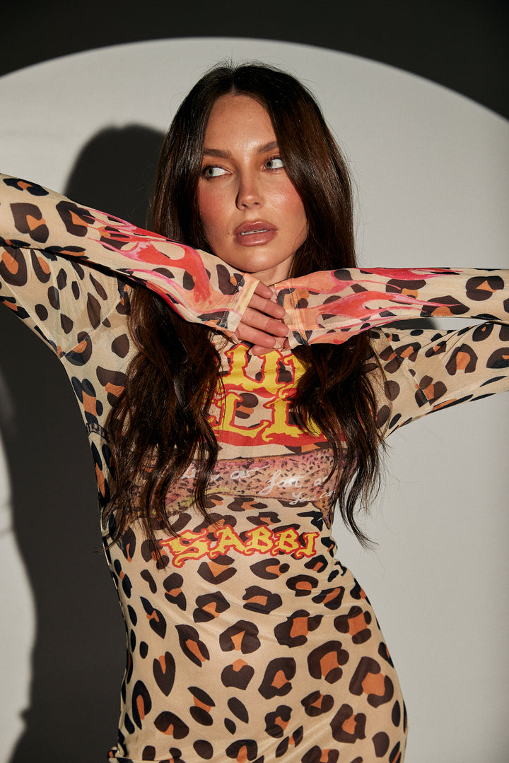 PANTERA MESH LONG SLEEVE MAXI DRESS - LEOPARD/ FLAMES