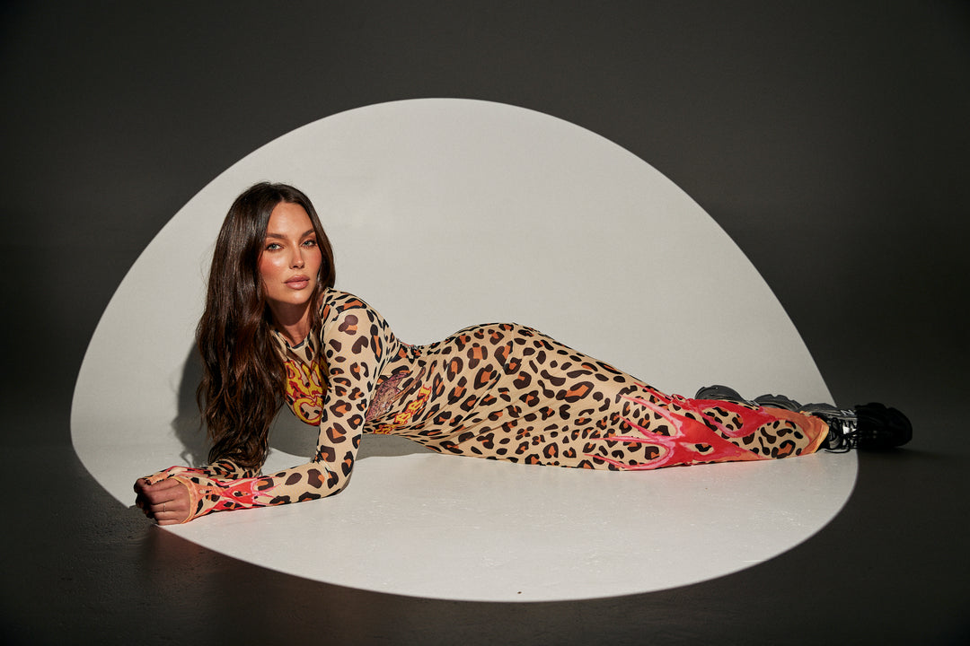 PANTERA MESH LONG SLEEVE MAXI DRESS - LEOPARD/ FLAMES