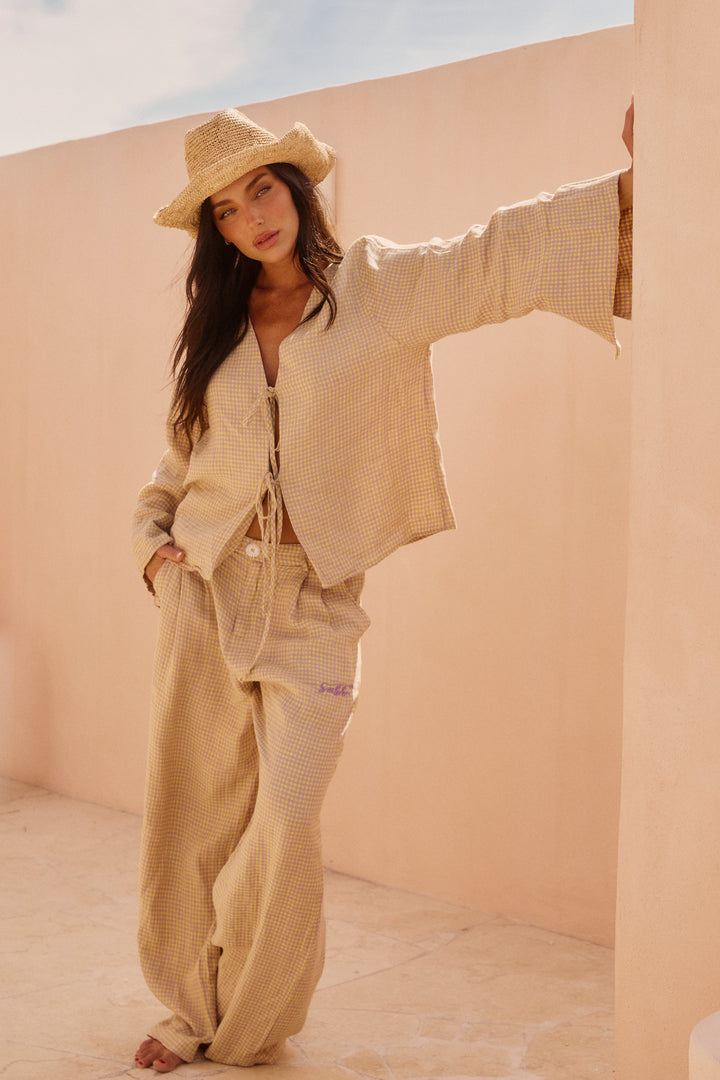 GINGHAM TIE UP SHIRT - CHARTREUSE & PURPLE