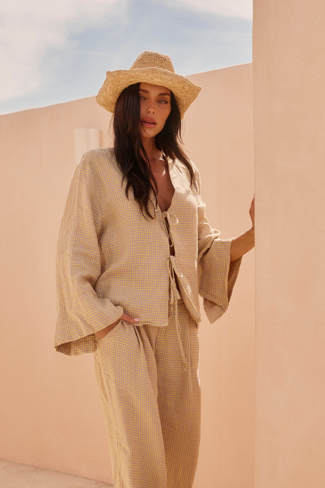 GINGHAM TIE UP SHIRT - CHARTREUSE & PURPLE