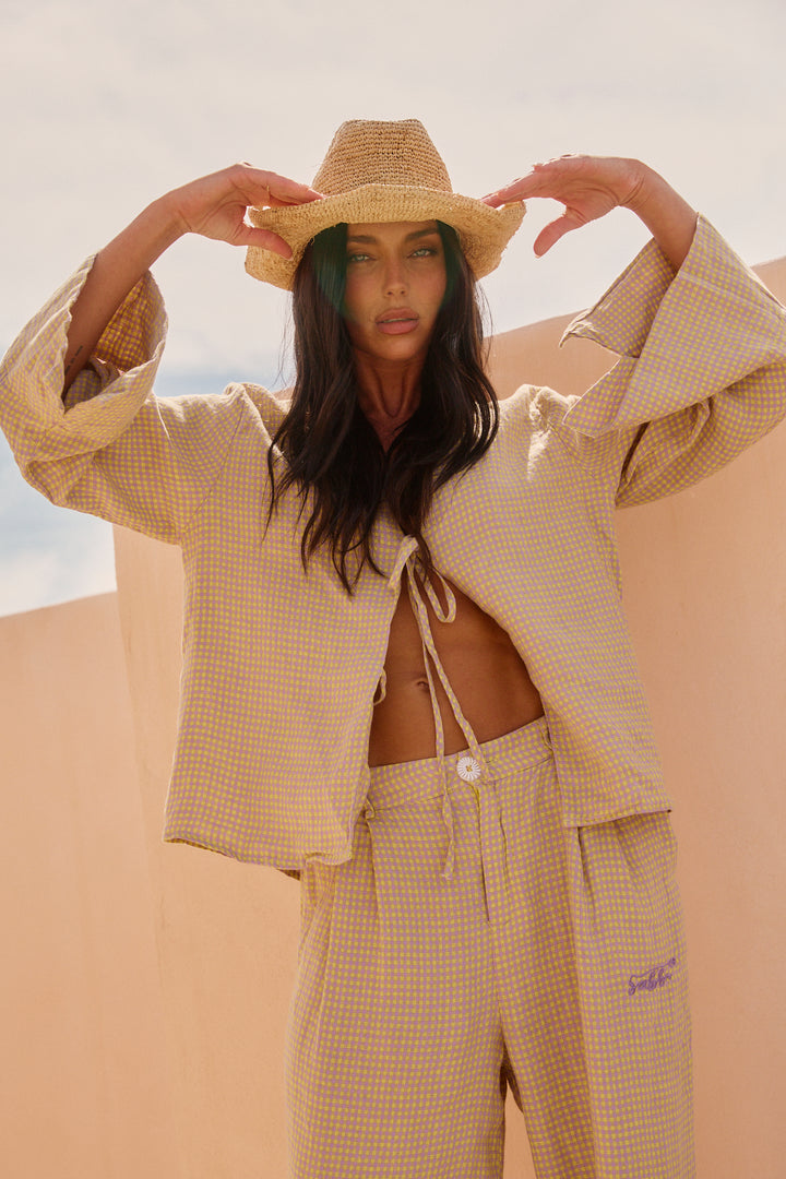 GINGHAM TIE UP SHIRT - CHARTREUSE & PURPLE