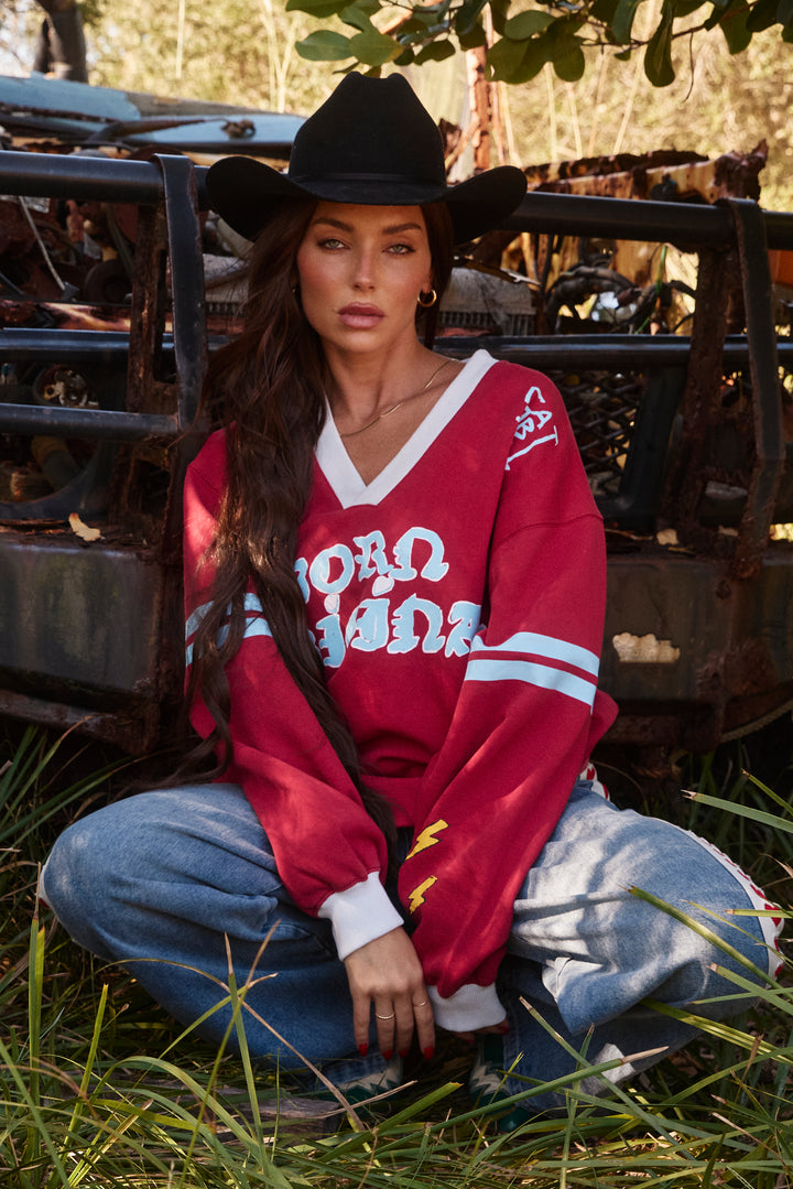 THE BORN ORIGINAL V NECK DIEGO JUMPER - MAROON & SKY