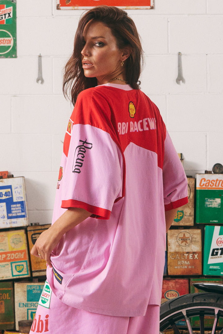 THE VERY OVERSIZED MERMAID RACING TEE- PINK & RED