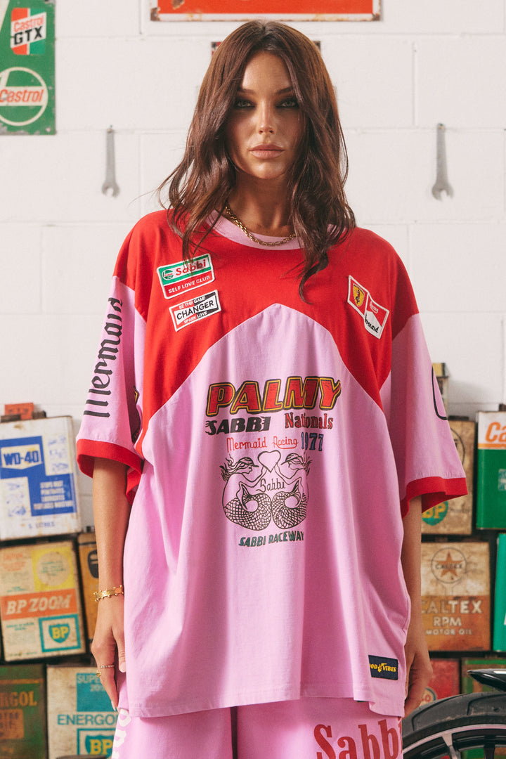 THE VERY OVERSIZED MERMAID RACING TEE- PINK & RED
