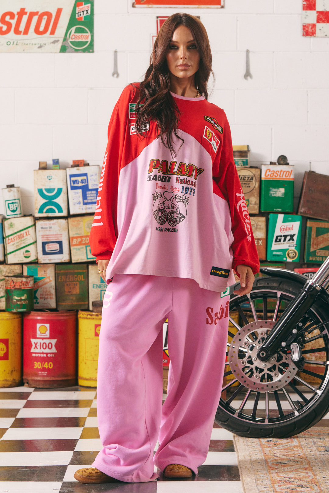 THE LONG SLEEVE MERMAID RACING TEE - RED & PINK