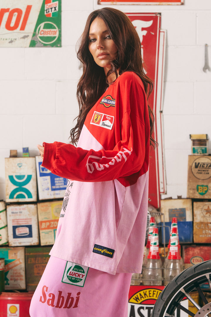 THE LONG SLEEVE MERMAID RACING TEE - RED & PINK