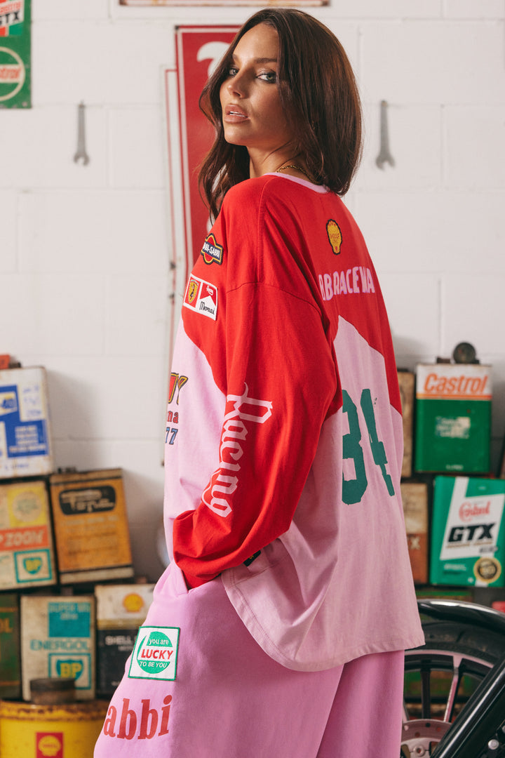 THE LONG SLEEVE MERMAID RACING TEE - RED & PINK