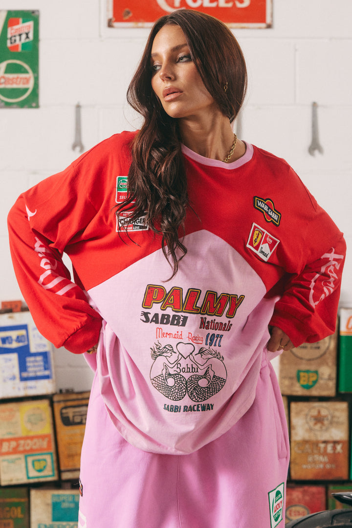 THE LONG SLEEVE MERMAID RACING TEE - RED & PINK
