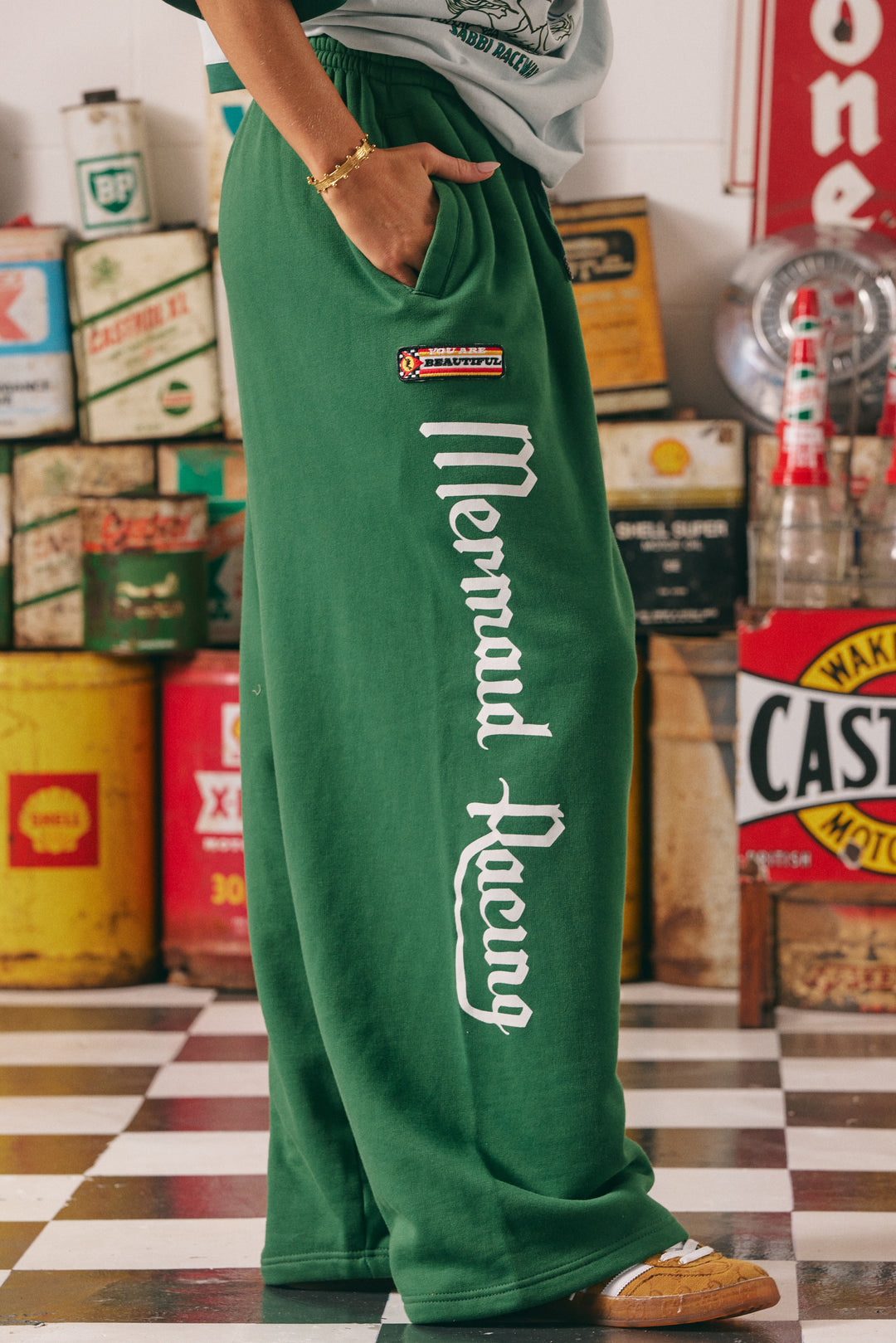 WIDE LEG SWEAT PANTS - MERMAID RACING - GREEN