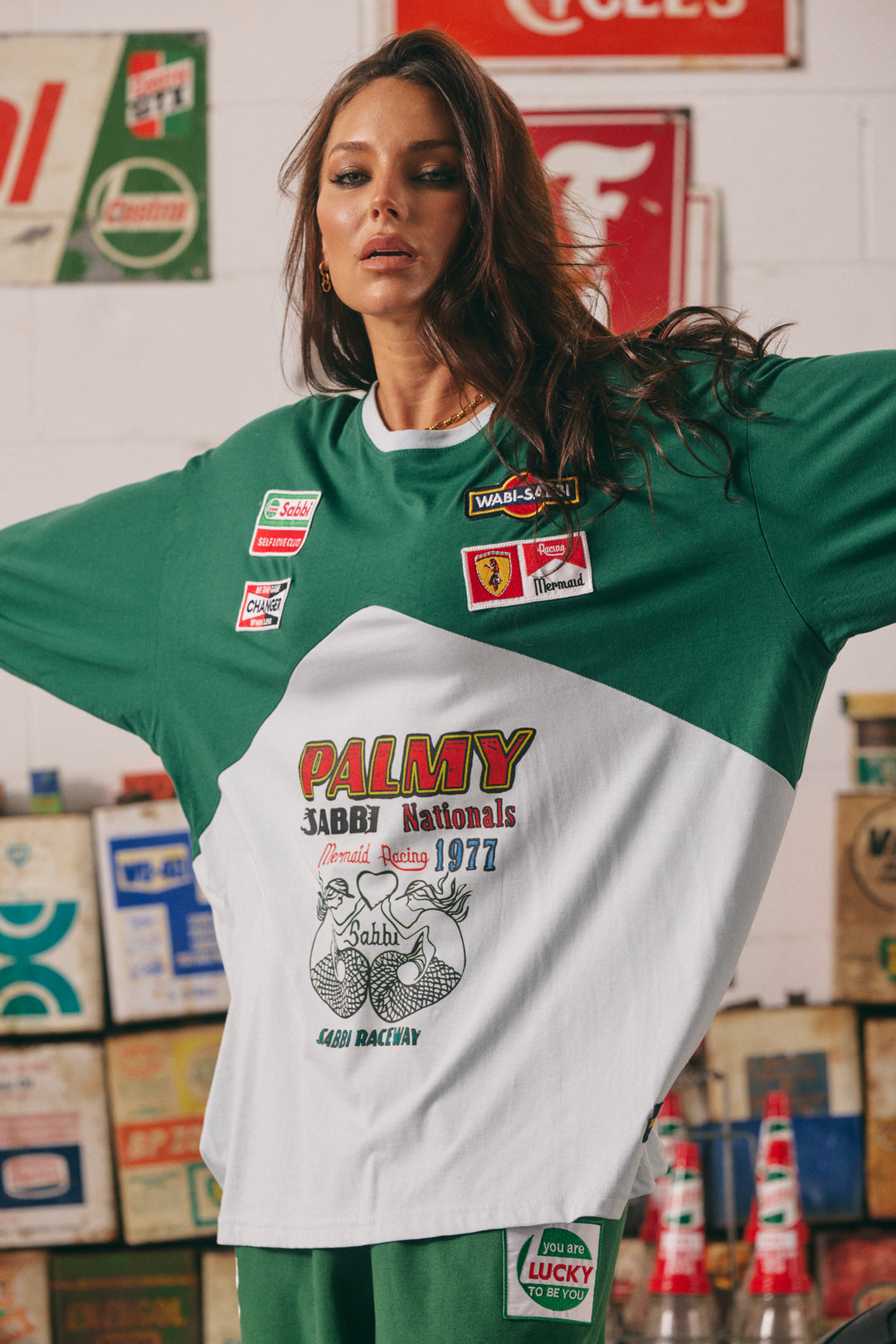 THE LONG SLEEVE MERMAID RACING TEE - GREEN & SKY