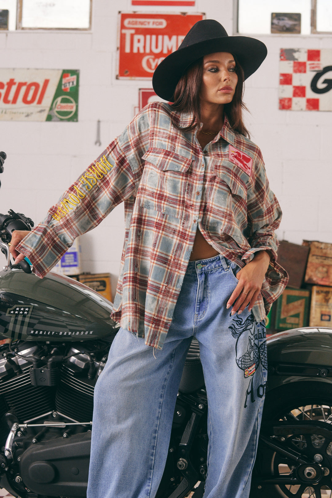 THE HORSE POWER DISTRESSED FLANNEL SHIRT - BURGUNDY