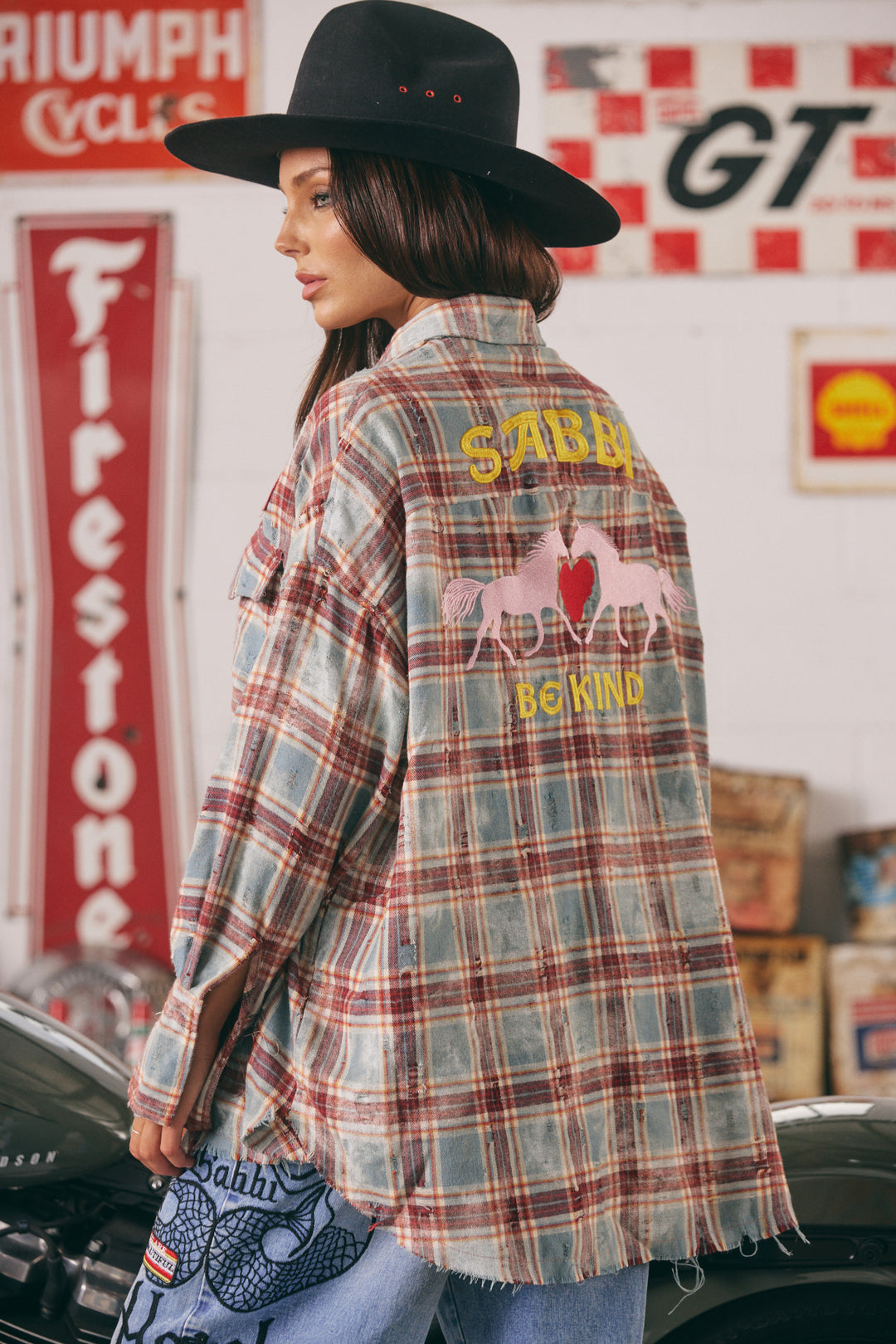 THE HORSE POWER DISTRESSED FLANNEL SHIRT - BURGUNDY