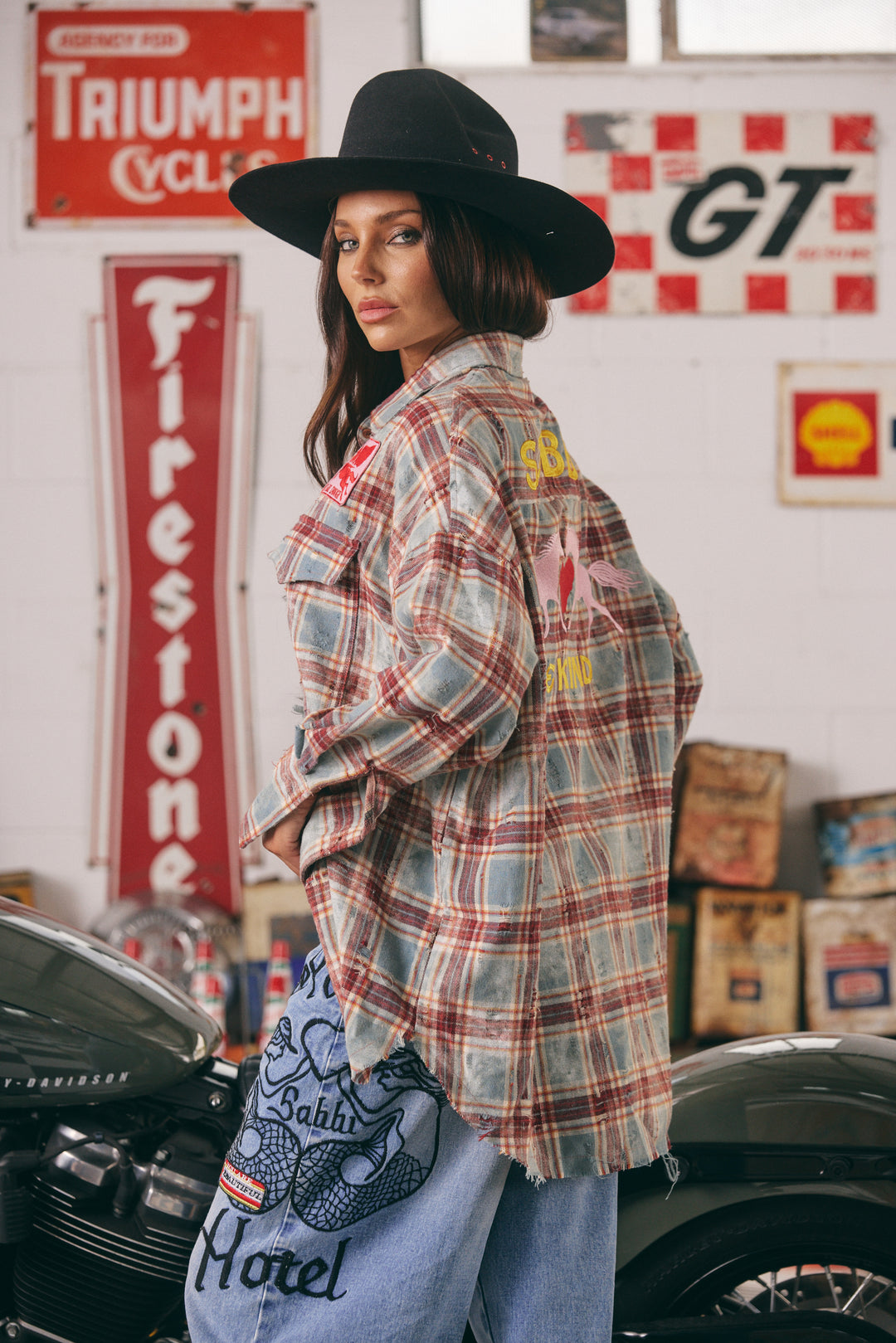 THE HORSE POWER DISTRESSED FLANNEL SHIRT - BURGUNDY