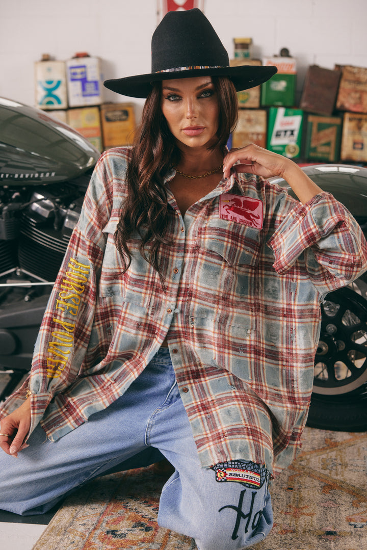THE HORSE POWER DISTRESSED FLANNEL SHIRT - BURGUNDY