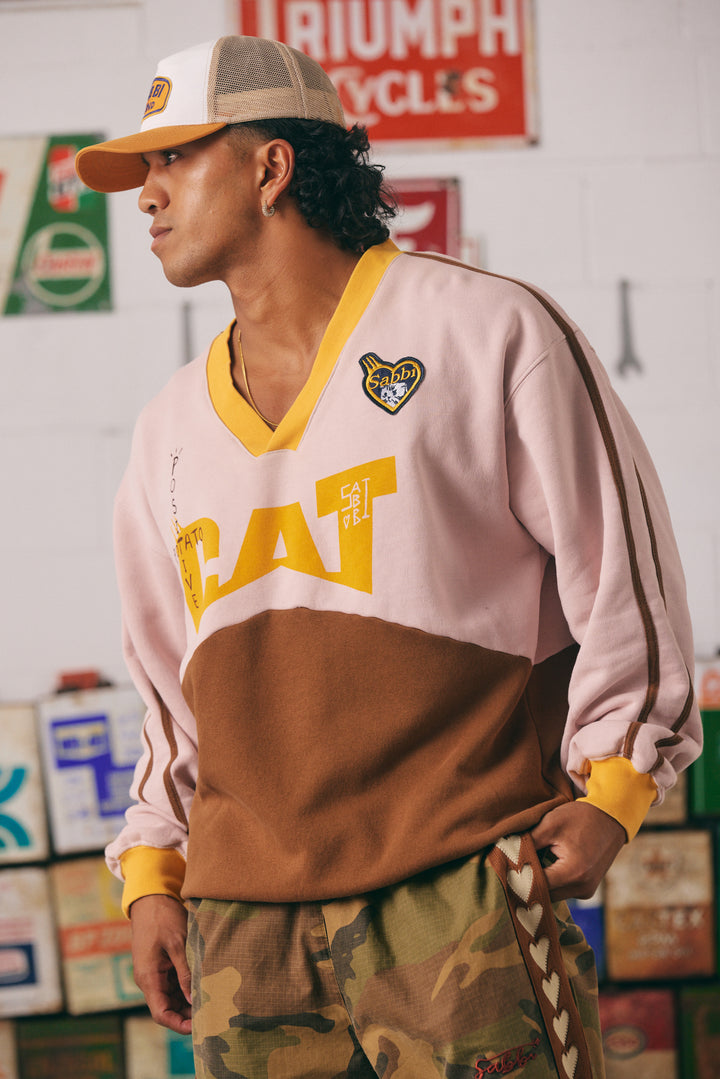 CAT V NECK CREW - PEACH & BROWN