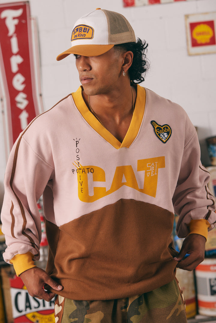 CAT V NECK CREW - PEACH & BROWN