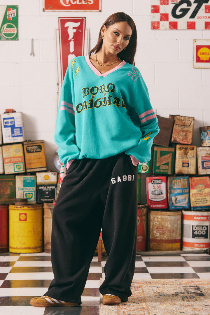 THE BORN ORIGINAL V NECK DIEGO JUMPER - TEAL & PINK