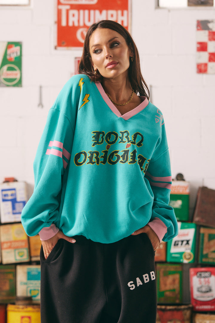 THE BORN ORIGINAL V NECK DIEGO JUMPER - TEAL & PINK