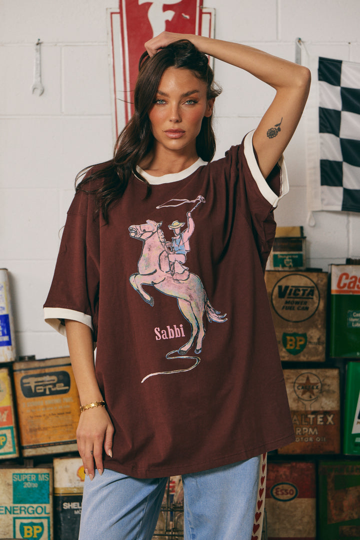 THE VERY OVERSIZED YEEHAW TEE- CHOCOLATE WITH WHITE TRIM