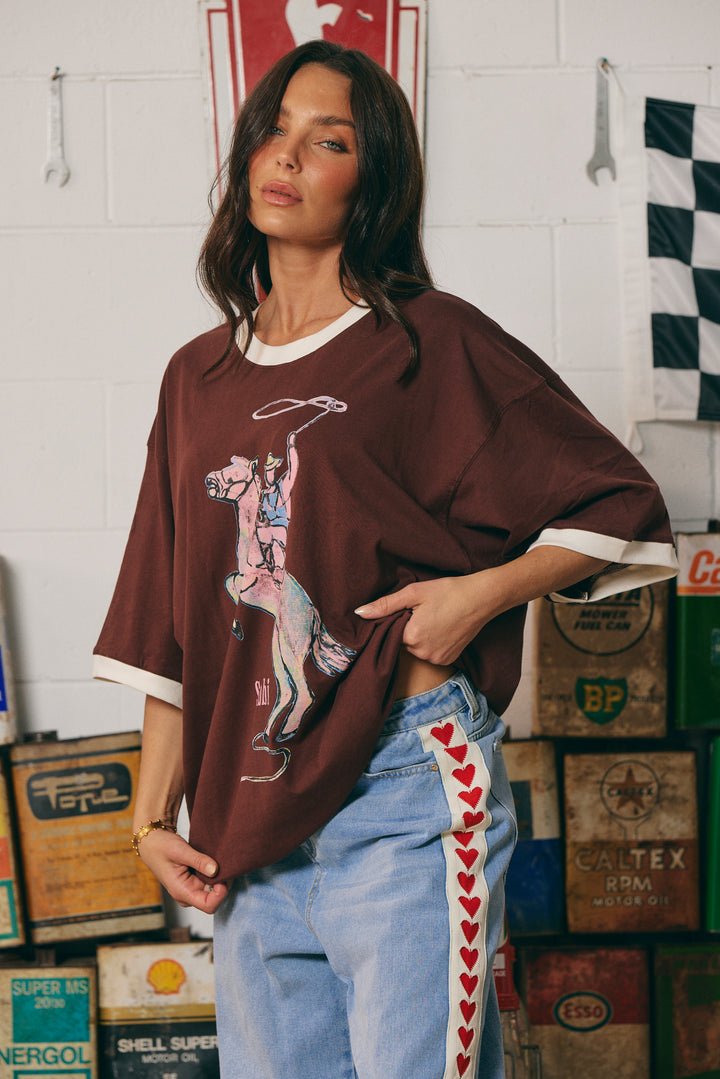 THE VERY OVERSIZED YEEHAW TEE- CHOCOLATE WITH WHITE TRIM