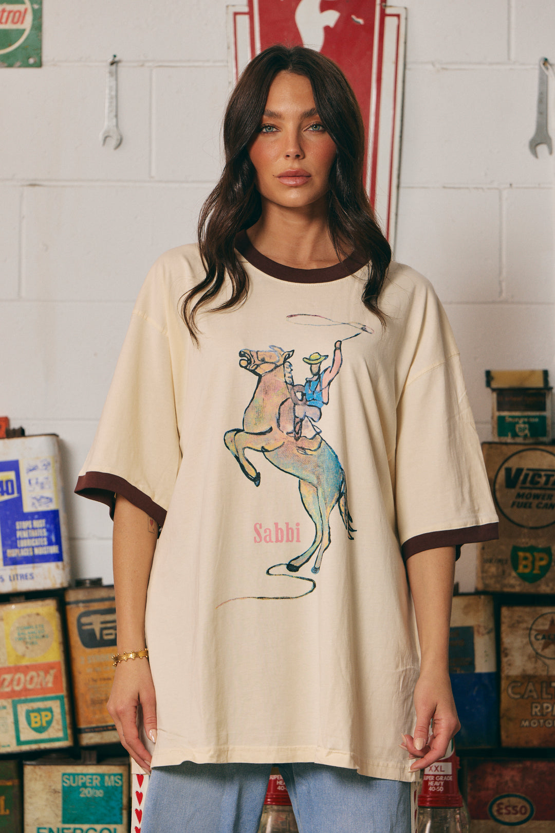 THE VERY OVERSIZED YEEHAW TEE- CREAM WITH CHOCOLATE TRIM