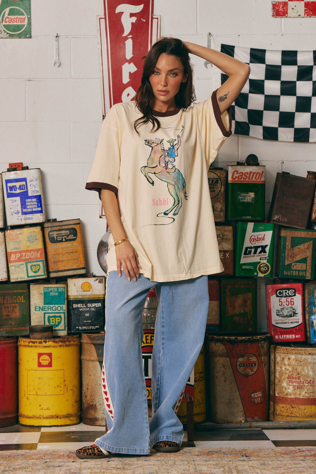 THE VERY OVERSIZED YEEHAW TEE- CREAM WITH CHOCOLATE TRIM
