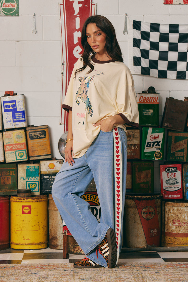 THE VERY OVERSIZED YEEHAW TEE- CREAM WITH CHOCOLATE TRIM