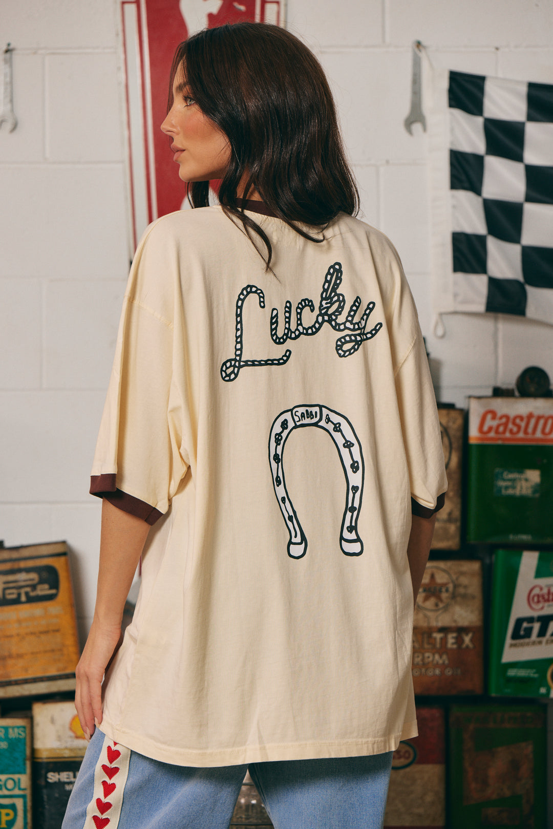 THE VERY OVERSIZED YEEHAW TEE- CREAM WITH CHOCOLATE TRIM