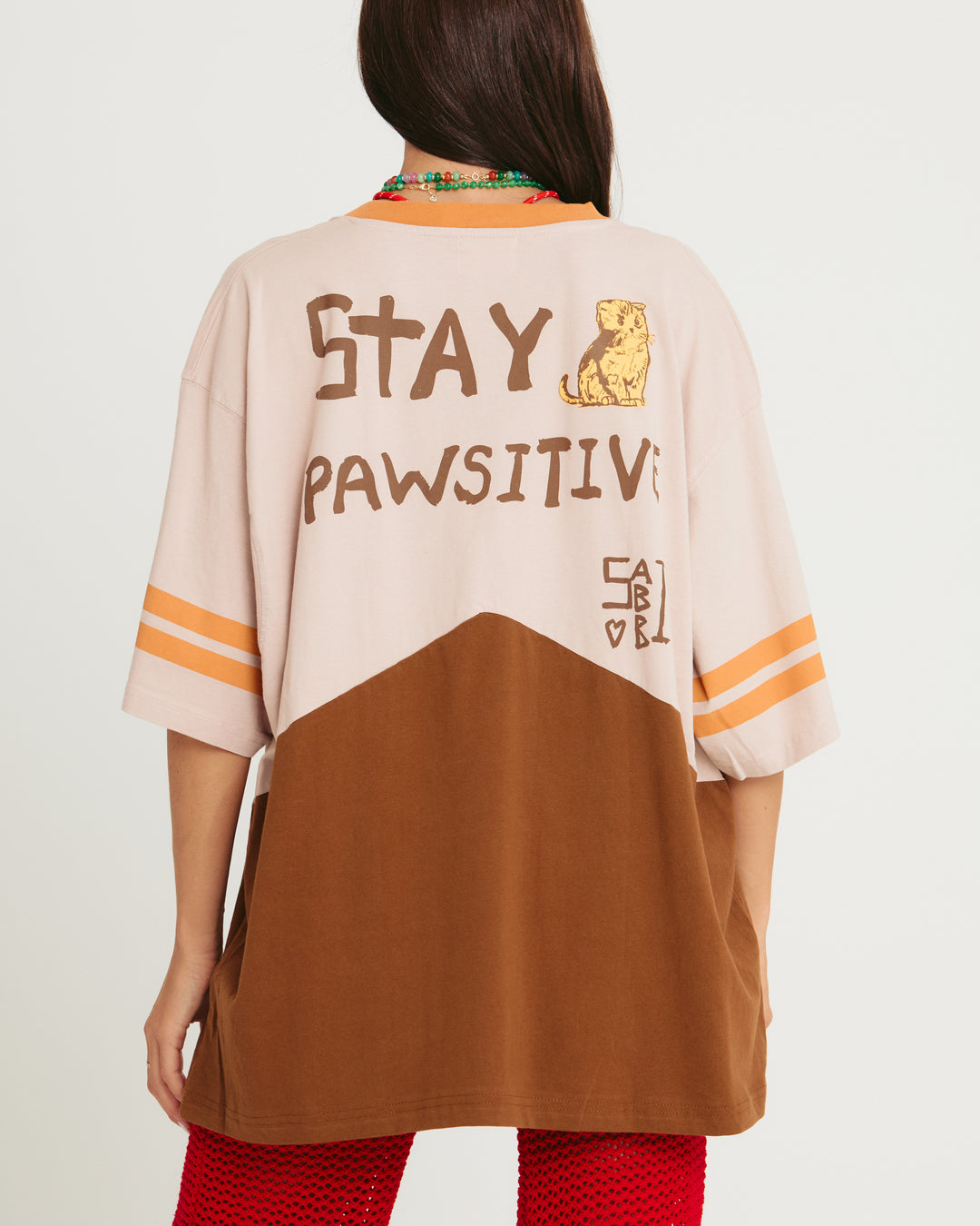 CAT V NECK TEE - PEACH & BROWN