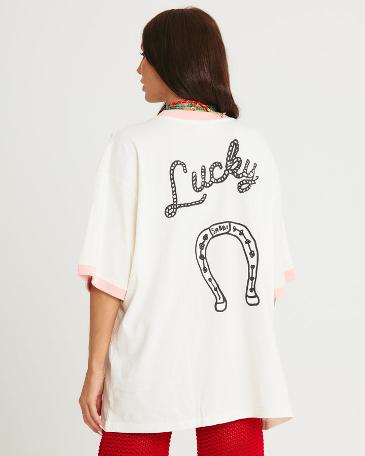 THE VERY OVERSIZED YEEHAW TEE - CREAM /PINK TRIM