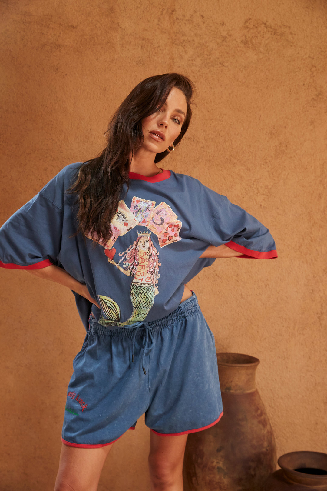 THE VERY OVERSIZED LUCKY MERMAID TEE - NAVY / RED