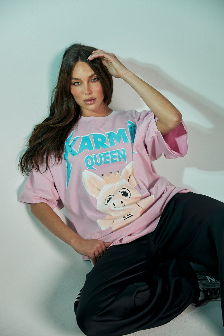 KARMA QUEEN TEE - PINK ACID WASH