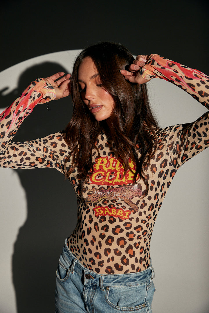 RUN CLUB ANIMAL MESH LONG SLEEVE TOP - LEOPARD/FLAMES
