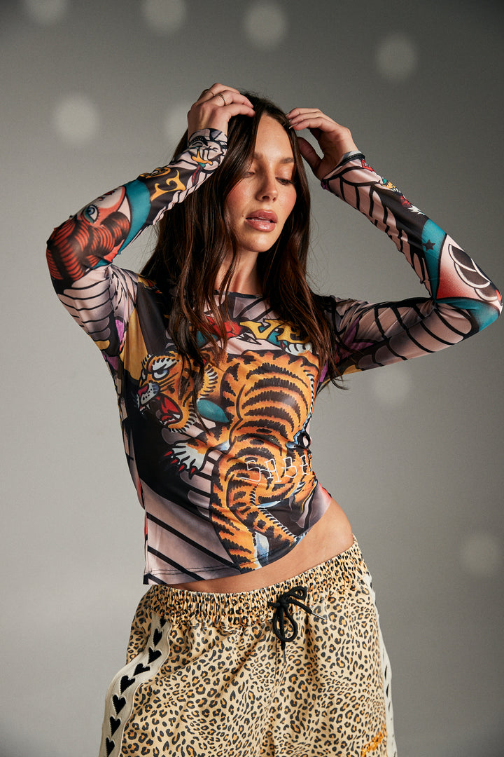 TATTOO MESH LONG SLEEVE TOP - MULTI