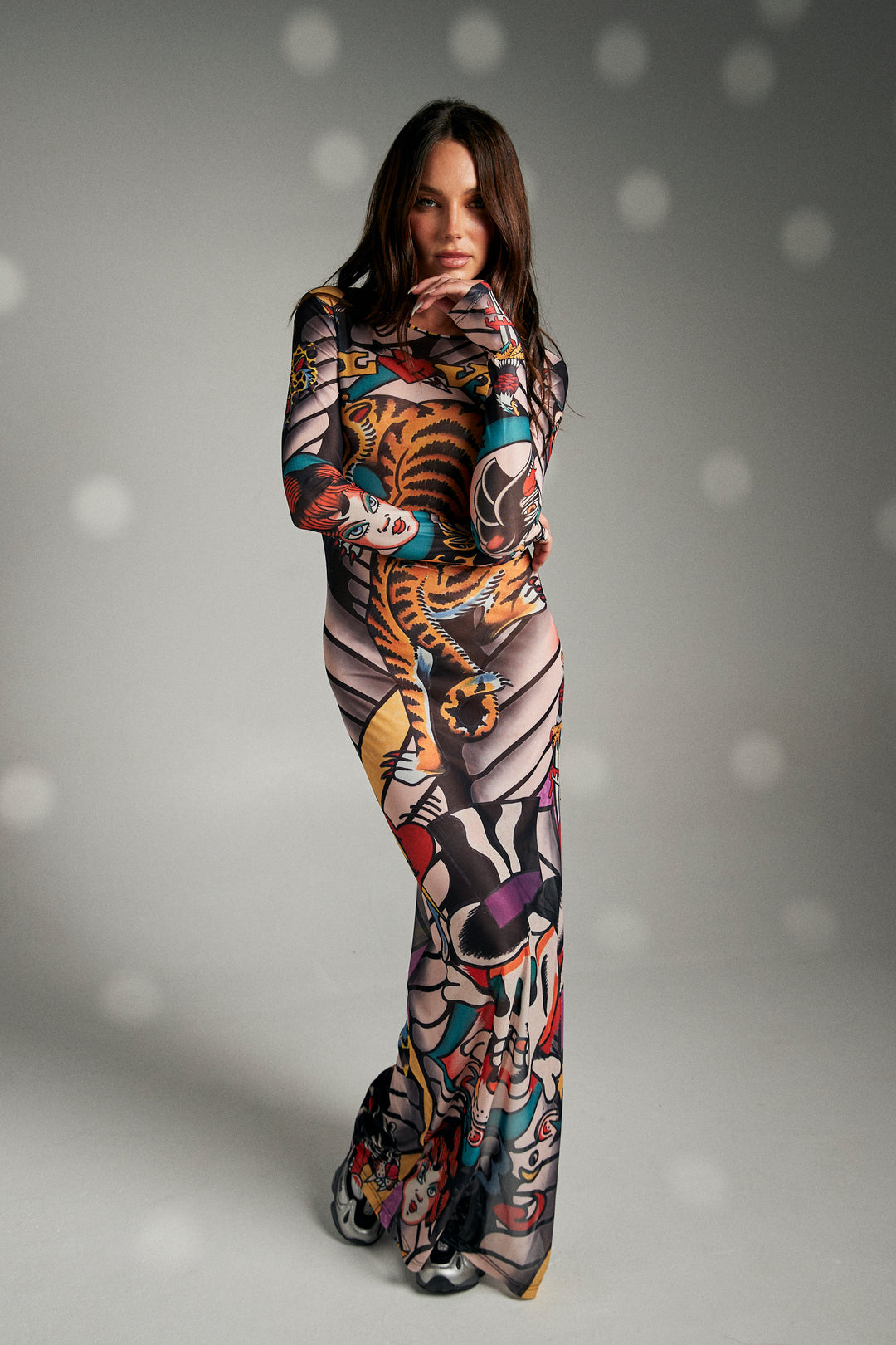 TATTOO MESH LONG SLEEVE DRESS - MULTI