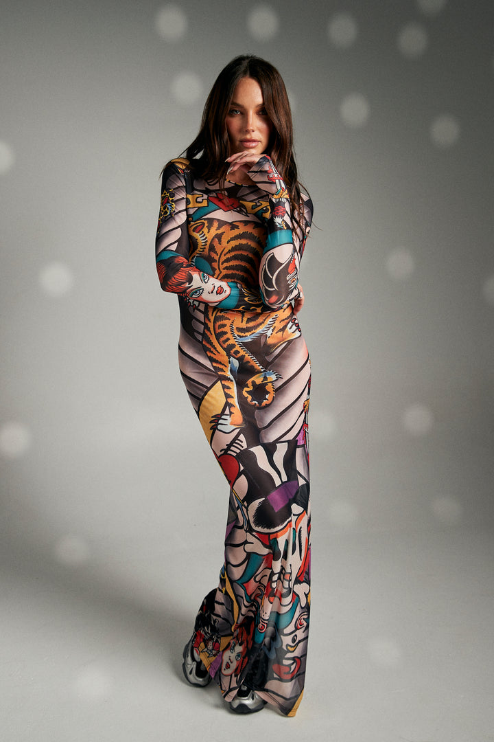 TATTOO MESH LONG SLEEVE DRESS - MULTI