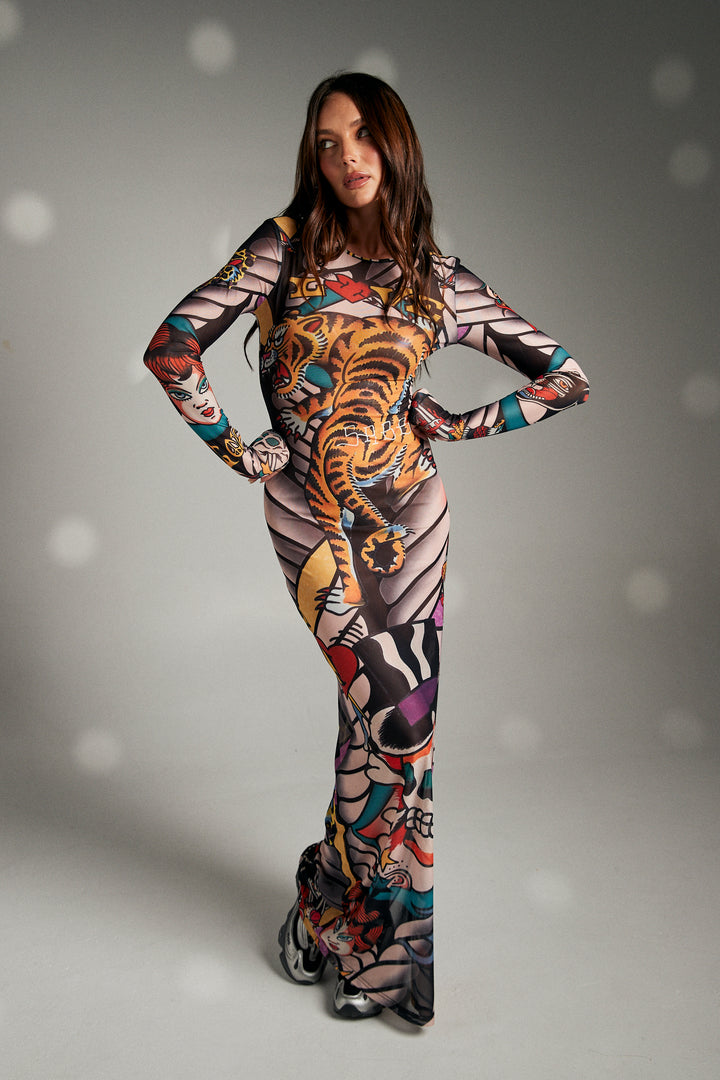 TATTOO MESH LONG SLEEVE DRESS - MULTI