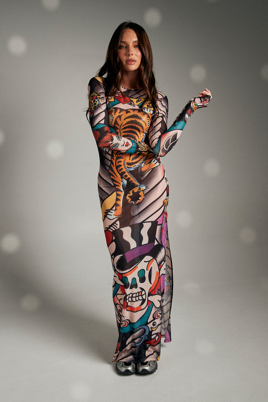 TATTOO MESH LONG SLEEVE DRESS - MULTI