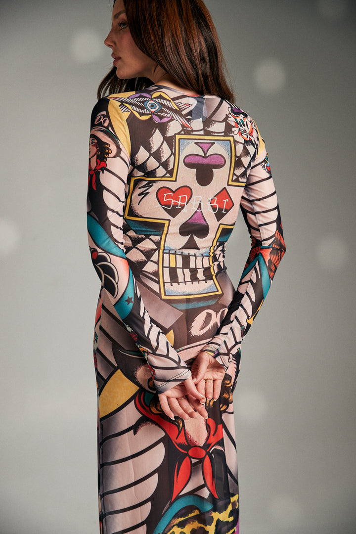 TATTOO MESH LONG SLEEVE DRESS - MULTI
