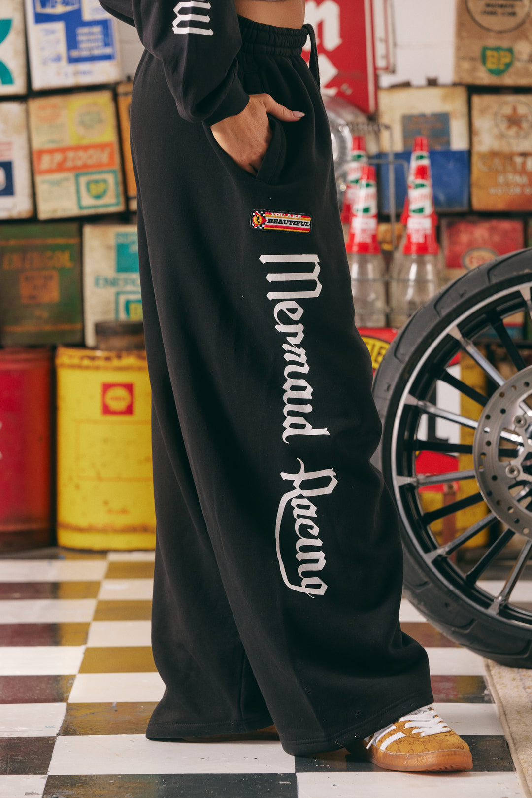 WIDE LEG SWEAT PANTS - MERMAID RACING  - BLACK