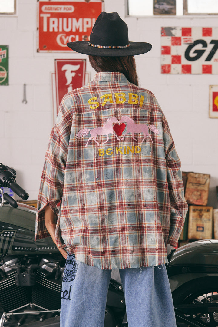 THE HORSE POWER DISTRESSED FLANNEL SHIRT - BURGUNDY