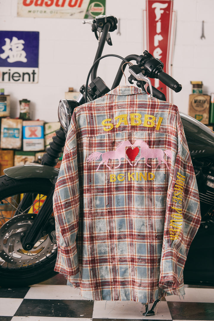 THE HORSE POWER DISTRESSED FLANNEL SHIRT - BURGUNDY