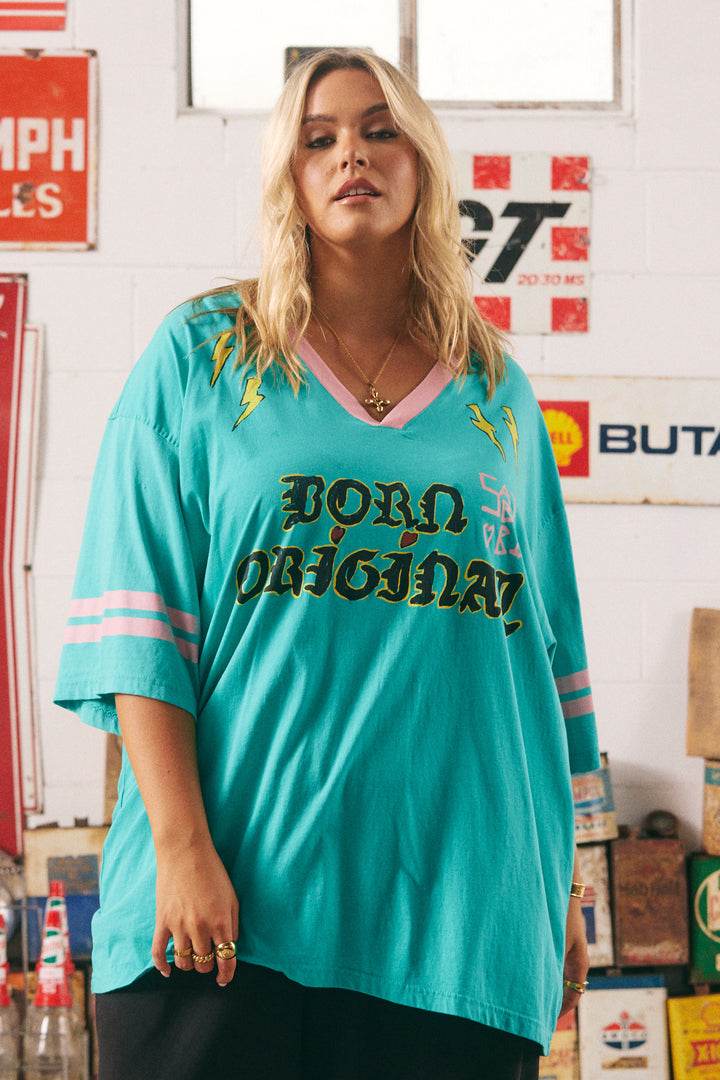 THE VERY OVERSIZED BORN ORIGINAL TEE - TEAL & PINK