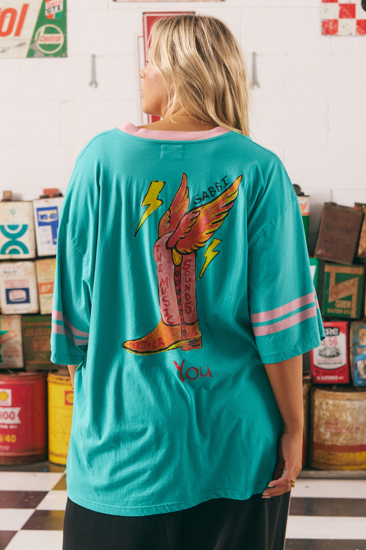 THE VERY OVERSIZED BORN ORIGINAL TEE - TEAL & PINK